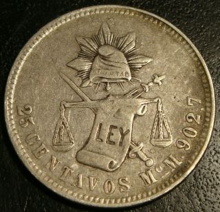 1887 Mo M Mexico 25 Centavos Silver Coin Vf - Xf