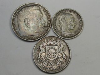 3 Old World Silver Coins: 1935 5 Mark Germany,  1893 Korona ƒ,  1926 2 Lati Latvia