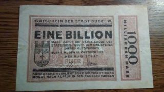 One Trillion Mark 1923 Notgeld Inflation Gutschein Buer Eine Billion