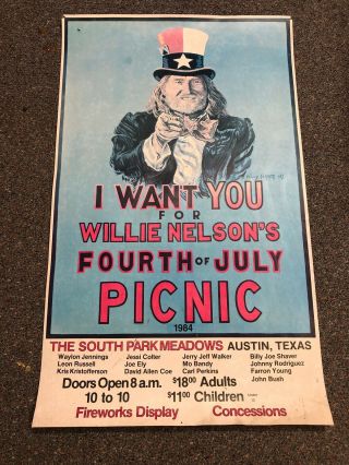 Willie Nelson 4th Of July Picnic Poster 1984 Waylon Jennings David Allan Coe