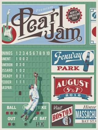 Pearl Jam Poster Fenway Park Boston,  Ma 2016 Steve Thomas Signed Limited /350