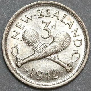 1942 Zealand 3 Pence Unc Maori War Clubs Patu Coin (19091801r)