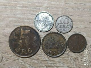 Denmark Set Of 5 Coins 25,  10,  5,  2,  1 Ore 1913 - 1919,  Silver