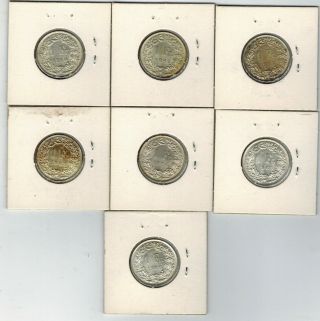 Switzerland,  Group of 7 Silver Francs 1960 - 1966;.  93 Ozt ASW 2