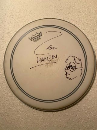 Zac Hanson Played/signed Drum Head W/ Autograph & Self Portrait