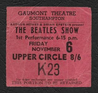Beatles Rare Concert Ticket,  Southampton Uk 1964 Tour,  Paul Mccartney