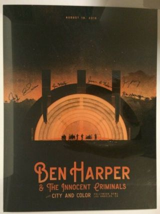 16 Ben Harper Hollywood Bowl Concert Poster 8/19 Ap/150 S/n Autographed By Band