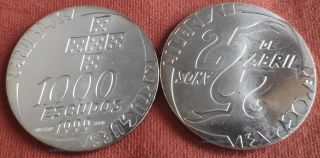 1999 Portugal 1000 Escudos Silver Carnation April Revolution 25 Years Large G256