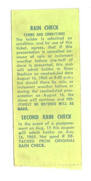 THE BEATLES SHEA STADIUM CONCERT TICKET AUGUST 15 1965 HISTORIC SHOW 2