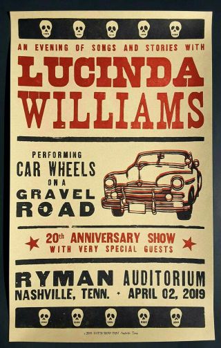 Lucinda Williams Hatch Show Print Ryman Nashville 2019 Car Wheels Concert Poster