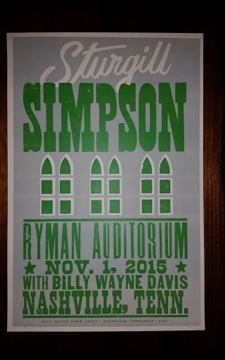 Sturgill Simpson Ryman Hatch Show Print Nashville 2015 Tour Poster Billy Davis