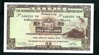 Hong - Kong Hsbc (p181f) 5 Dollars 1975 Unc