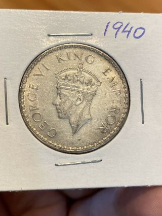 British India One Rupee 1940 Silver Coin,  King George 6.  Very Lustrous