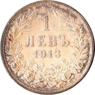 1913 Bulgaria 1 Lev Silver Coin Km 31 Unc