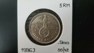 5 Reichsmark 1936 J - Iii.  Reich - Silver - Vf,  - Low Mintage