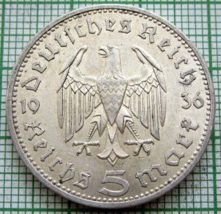 Germany Third Reich 1936 A 5 Reichsmark Hindenburg Silver
