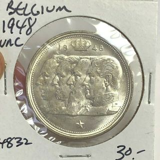 1948 Belgium 100 Francs,  4 Kings,  18g Silver Coin Km 138 - White Unc