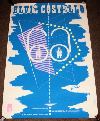 Elvis Costello Barney Bubbles Uk Promo Poster " Amsterdam " Single 1980