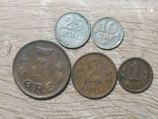 Denmark Set Of 5 Coins 25,  10,  5,  2,  1 Ore 1920 - 1921,  Silver
