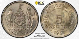 British North Borneo (malaysia) 5 Cents 1938 - H Pcgs Unc Detail Lacquer