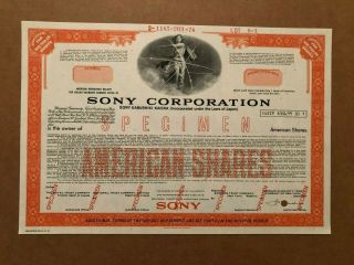 Sony Corporation Specimen Stock Certificate American Shares 1974 Scarce