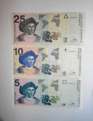 1997 El Salvador 5,  10,  25 Colones Bank Notes