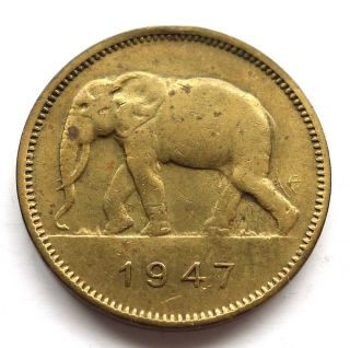 Belgian Congo 2 Francs 1947,  Elephant,  Brass,  Leopold Iii,  Pretoria,  Gvf.  Km 28