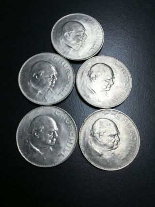 5 British One - Crown Coins - Queen Elizabeth/winston Churchill - 1965