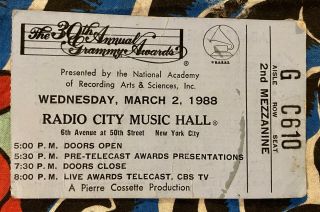 Grammy Awards 1988 Ticket - 30th Annual - Radio City Music Hall - March 2,  1988