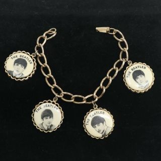 Vintage The Beatles 1964 Gold Tone Metal Charm Bracelet By Nems Ent.  Ltd.