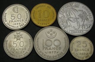 Comoros 5,  10,  25,  50,  100 Francs 1975/1992 - 6 Coins.  - L17
