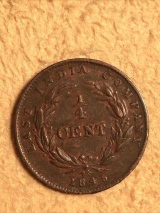 1845 Britain East India Company 1/4 Cent Coin Straits Settlement Attractive Type