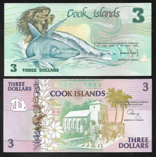 Cook Islands - 2 Diff.  3 Dollar Notes - 1987 - P3 & 1992 - P7 - Unc.