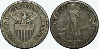 1917 - S Us/philippines 20 Centavos Vf Allen 11.  13 75 Silver Mx408