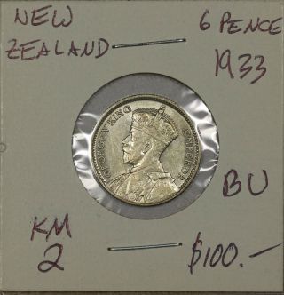 Zealand 6 Pence 1933.  Brilliant Uncirculated.  Km 2