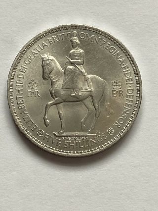 1953 Five Shilling Coin Great Britain Elizabeth Ii Coronation Slogan On Side