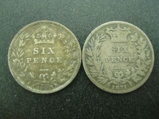 1871 & 1889 Great Britain Six Pence Silver Coins 2