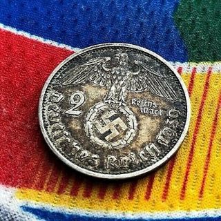1939 A 2 Mark Wwii German Silver Coin 3rd Reich Swastika Reichsmark Coin Toned