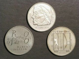 Switzerland 1977 - 1979 - 1987 5 Francs Commemorative Unc - 3 Diff.  Coins