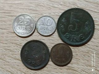 Denmark Set Of 5 Coins 25,  10,  5,  2,  1 Ore 1915 - 1916 Silver