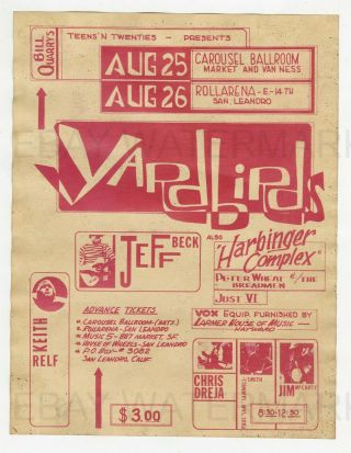 1966 Yardbirds Jimmy Page,  Jeff Beck Concert Poster San Francisco,  Led Zeppelin
