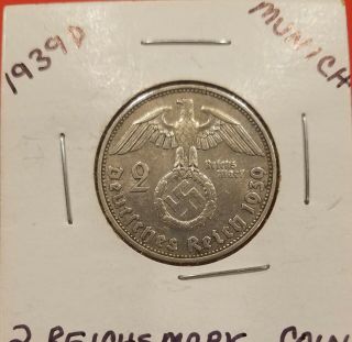 Wwii German 1939 2 Reichsmark Coin Mark D (munich)