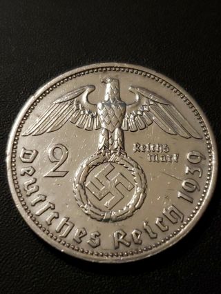 Germany 1939 Hindenburg 2 Reichsmark 62.  5 Silver 25mm Circulated Coin.