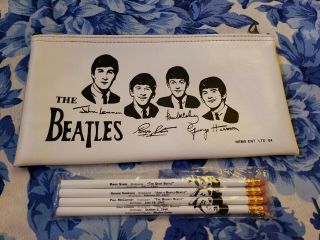 Vintage The Beatles White Vinyl Pencil Case By Nems.  And Pencils