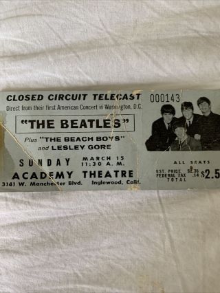 The Beatles Close Circuit Telecast Washington Dc - Inglewood Ca 1964 Ticket