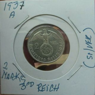 1937 A 2 Mark Wwii German Silver Coin 3rd Reich Swastika Reichsmark Coin Au