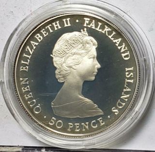Falkland Islands 50 Pence 1983 Proof 150 Yrs of Rule w/Case.  84 Ounce Silver 2 2