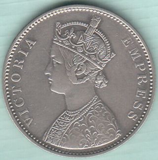 British India 1879 Victoria Empress A - 2,  Dot Verity One Rupee Silver Coin