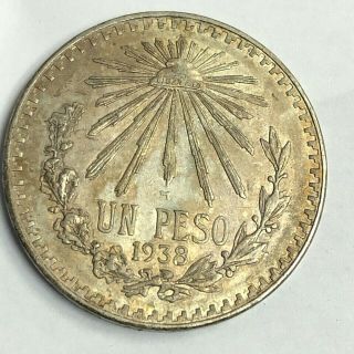 1938 Mexico 1 Peso, .  720 Silver Mexican Coin,  Toned Xf,  /au