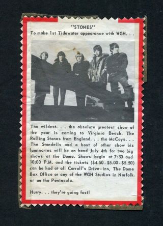 The Rolling Stones 1966 Concert Handbill Flyer Ad Virginia Beach Brian Jones